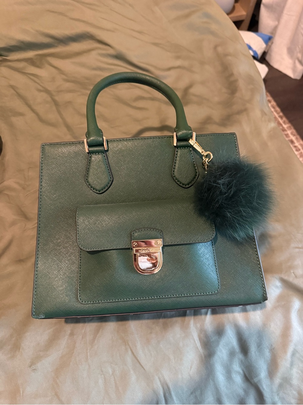 Michael Kors Bridgette Emerald Green Leather Top-Handle Tote with Pom-Pom Charm